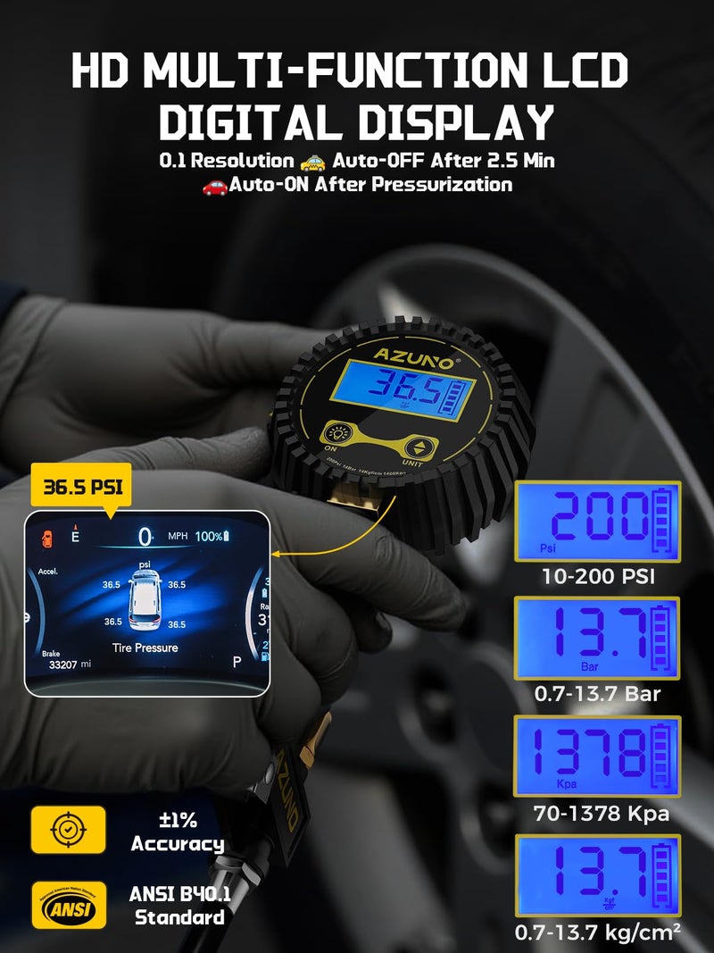 AZUNO Digital Tire Inflator with Pressure Gauge, 200 PSI (0.1 Res) w/LED Flashlight, Heavy Duty Air Compressor Accessories 7pcs Set, w/Lock on Air Dual Head Chuck and 90Â° Tire Valve - Image 2